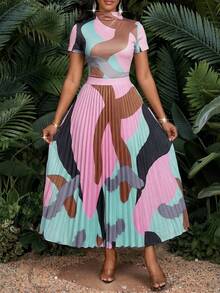 SHEIN Lady Women's Geometric Print Mandarin Collar Short Sleeve Top And Pleated Skirt Casual 2-Piece Set - Multicolor - View 5