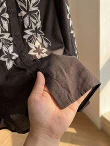 Franclia French-Style Elegant Blouse For Women, Early Autumn 2026 New Style, Retro Design, Heavy-Duty Faux Embroidery, Brown Color, Versatile Everyday Vacation Blouse, Women's Vacation Wear, Elegant Women's Top, Women's Casual Top, Brown Shirt. - Brown - View 5