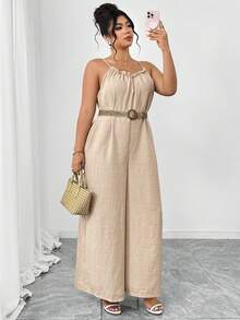 EMERY ROSE Mono de pierna recta con decoración de volantes en el busto, de tela similar al lino, para talla grande. Uso casual para salir, ir al trabajo, citas, fiestas, vacaciones - Albaricoque - Ver 3