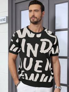 Claim Dot 男士圆领撞色短袖休闲时尚针织衫 短袖T恤 圆领T恤 针织T恤 男士字母印花T恤 黑白印花T恤 - 黑色 - 查看 5