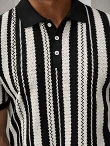 Manfinity CasualCool 男士休闲商务条纹Polo衫，适合日常通勤和休闲百搭穿着 - 黑色 - 查看 3