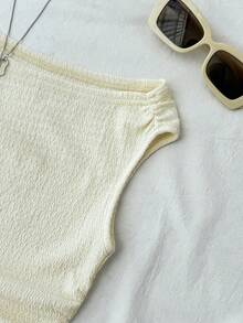 少女白色针织休闲简约波点印花不对称褶皱短款上衣，适合春夏穿着，休闲百搭，可打造个性造型，日常穿着 - 杏色 - 查看 4