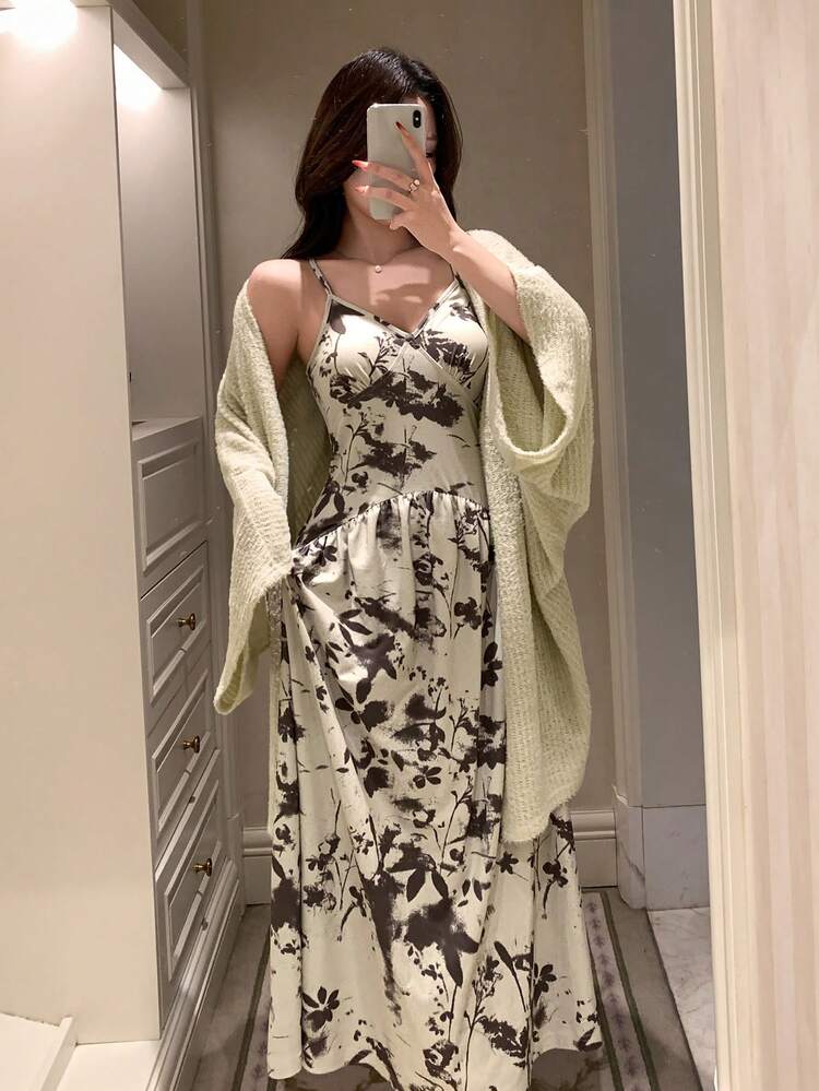 Floral Print Knitted Cardigan & Slip Dress Pajama Set For Women