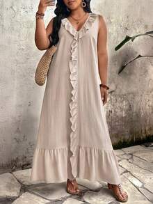 EMERY ROSE 大码V领无袖荷叶边连衣裙 - 杏色 - 查看 1