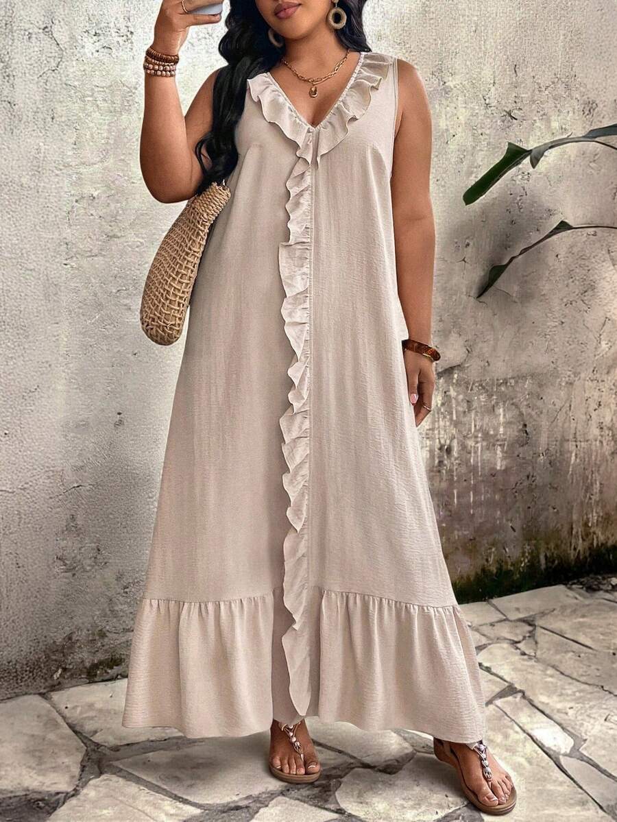 EMERY ROSE 大码V领无袖荷叶边连衣裙 - 杏色 - 查看 1