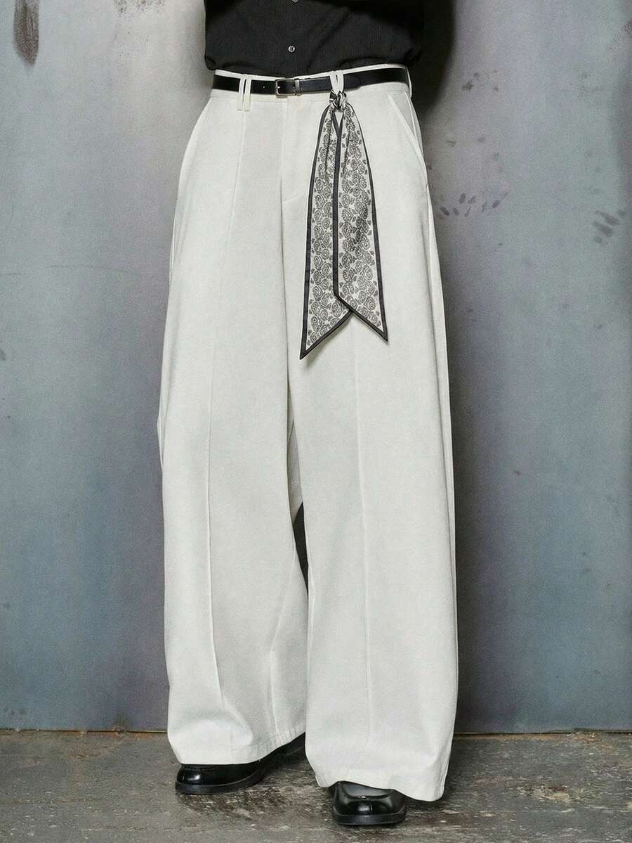 PAVTROS 男士宽松阔腿裤，纯色设计，复古商务休闲裤，含棉，街头男装，百搭白色超大款长裤，热销INS风长裤，日常男友/老公礼物，周年纪念礼物，返校季必备单品。 - 白色 - 查看 1