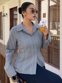 Dazy Plus Camisa corta de manga larga con cuello y rayas, estilo callejero de moda - Gris - Ver 4