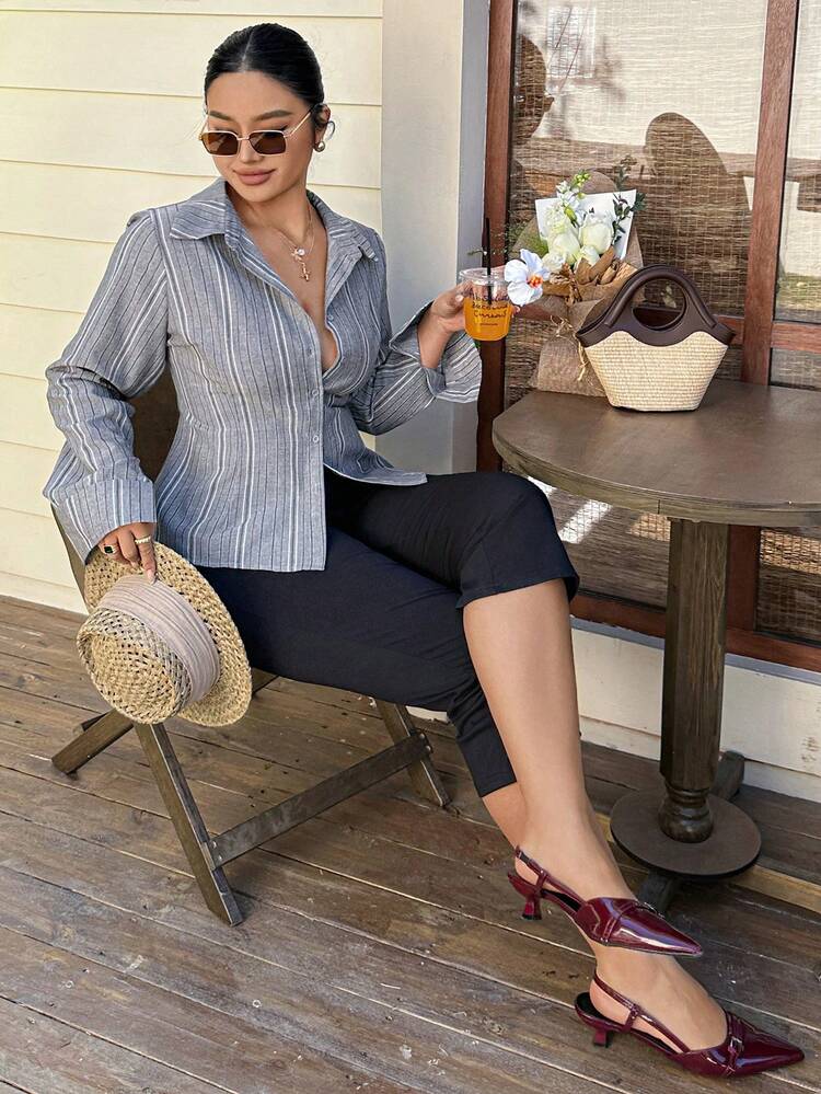 Dazy Plus Fashionable Striped Street Style Collared Long Sleeve Cropped Cardigan Shirt