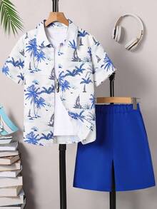 SHEIN Vacaura 2pcs Casual Versatile Beach Vacation Style Coconut Tree Print Digital Shirt + Shorts Set, Suitable For Daily Commute And Outdoor Wear, Teenagers - Royal Blue - View 5