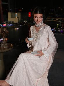 Layrah Loose Fit Long Sleeve Dress With Mesh Fabric, Butterfly Applique, Fashionable & Sweet - Baby Pink - View 3