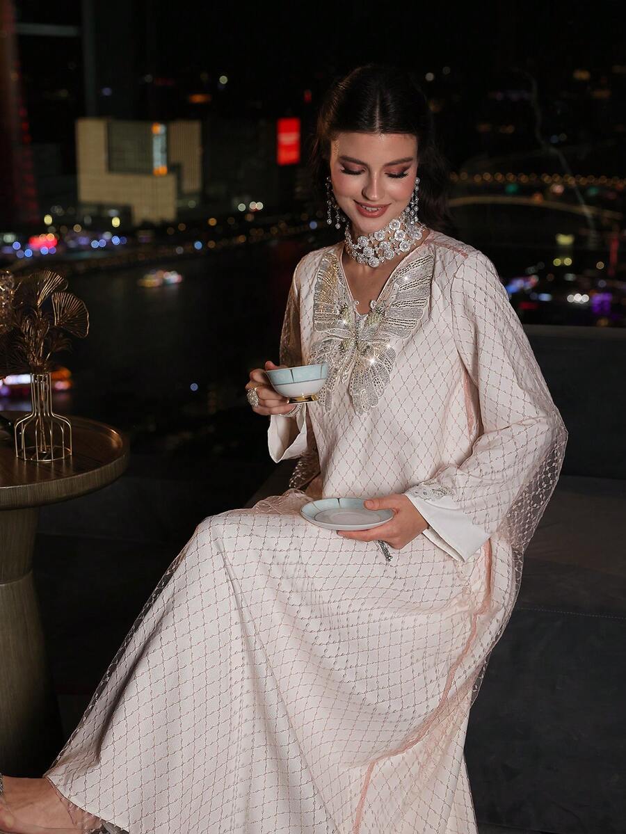 Layrah 宽松长袖连衣裙，网纱面料，蝴蝶贴花，时尚甜美 - 淺粉色 - 查看 1