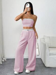 Almamuse Women's Contrast Trim Bandeau Top And Pleated Long Pants Casual 2 Pieces Set Summer 2 Piece Sets Woman Tube Top Set Women Vacation Outfit Sets Women 2 Piece Outfit Women Casual Outfit Sets Womens Summer Co-Ord Women Summer Outfits 2 Piece - Mauve Purple - View 4