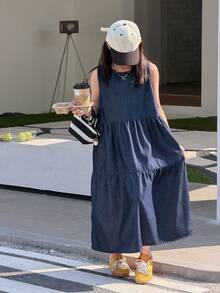 DAZY 少女圆领无袖牛仔背带裙 - 藍色 - 查看 4