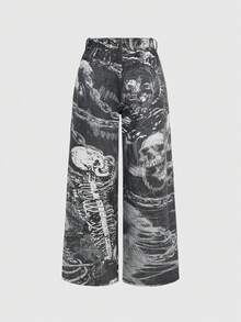 ROMWE Grunge Punk Quần jeans ống rộng dáng suông cỡ lớn in hình đầu lâu xương xẩu phong cách Gothic tối màu và dây xích. - màu đen - Xem 2