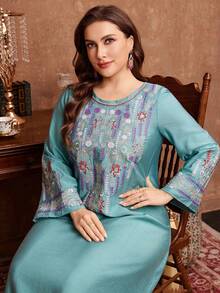 Al Najma 大码女士宽松舒适阿拉伯风格刺绣连衣裙 - 薄荷綠 - 查看 3