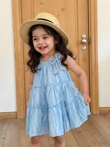 SHEIN 女婴春季无袖天蓝色A字连衣裙，饰有蝴蝶结，甜美公主风，圆领，适合日常穿着 - 藍色 - 查看 4