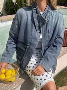 DAZY 女士翻领长袖宽松休闲牛仔外套 - 中等水洗藍 - 查看 3