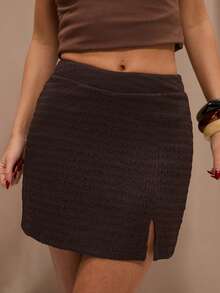 SHEIN BAE Women's Casual Brown Knitted Plain Mini Skirt With Split Detail - Brown - View 5
