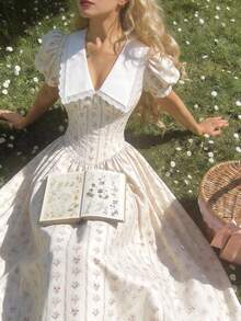 SHEIN MOD Váy midi họa tiết hoa sơn dầu cổ điển, cổ khoét sâu và tay bồng – Phong cách cổ điển, thẩm mỹ tiên nữ, trang phục đi biển dành cho nữ, hoàn hảo cho kỳ nghỉ, hẹn hò, dã ngoại, tiệc tùng, vũ hội, lễ hội và sinh nhật - Nhiều màu - Xem 2