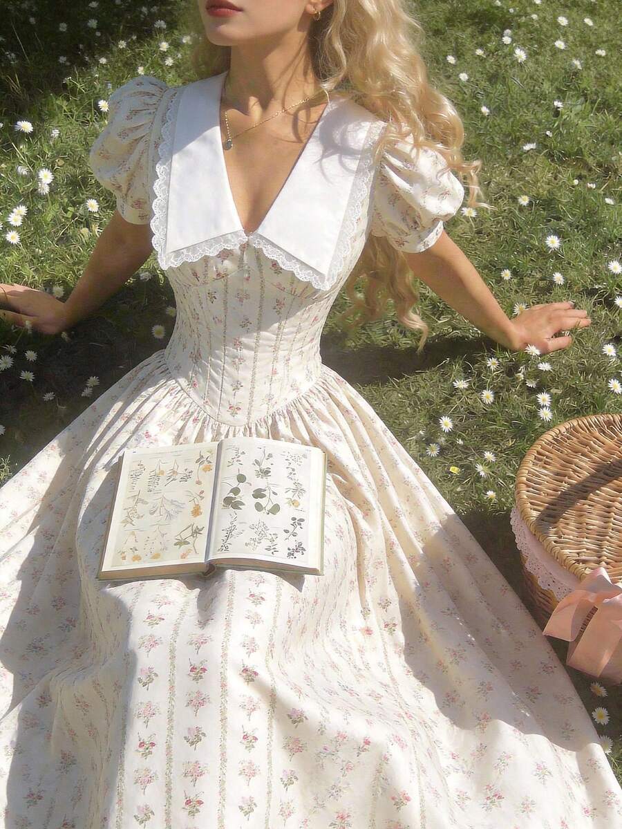 SHEIN MOD Váy midi họa tiết hoa sơn dầu cổ điển, cổ khoét sâu và tay bồng – Phong cách cổ điển, thẩm mỹ tiên nữ, trang phục đi biển dành cho nữ, hoàn hảo cho kỳ nghỉ, hẹn hò, dã ngoại, tiệc tùng, vũ hội, lễ hội và sinh nhật