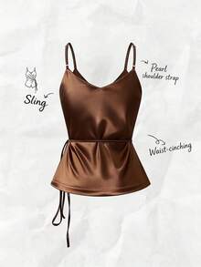 Franclia 纯色缎面V领缎面裹身系带珍珠吊带背心，适合夏季穿着、夏季度假穿着、夏季上衣、女士情人节服装、情人节、派对上衣、女士优雅上衣、女士度假服装、闪亮上衣、女士优雅背心、女士狂欢节服装、女士沙滩装、女士度假服装、无袖上衣。 - 棕色 - 查看 2