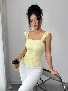 SHEIN Elenzya Elegant Sleeveless Women's Top. Soft Lace Fabric In Light Yellow, Ruffle Hem Flattering Slim Fit Design, Suitable For Daily Outings, Commuting, Dates, Parties, And Various Occasions - Yellow - View 5