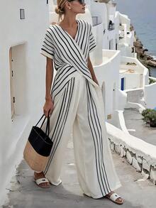 SHEIN Holidaya 女士优雅休闲度假条纹两件套 - 彩色 - 查看 1