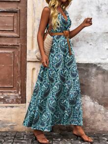 SHEIN Holidaya V 领无袖佩斯利印花连衣裙长款女装 - 綠色 - 查看 5