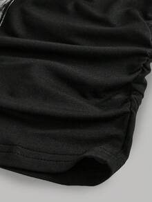 SHEIN Tween Girl Fashion Street Casual Black Fitted Short Sleeve Round Neck "67" Graphic Print T-Shirt + Branch Camouflage Loose Wide Leg Knit Pants Set - Multicolor - View 4