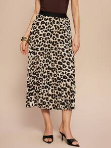 Franclia Leopard Print Pleated A-Line Casual Versatile Mini Skirt Maxi Women Outfit - Light Grey - View 1