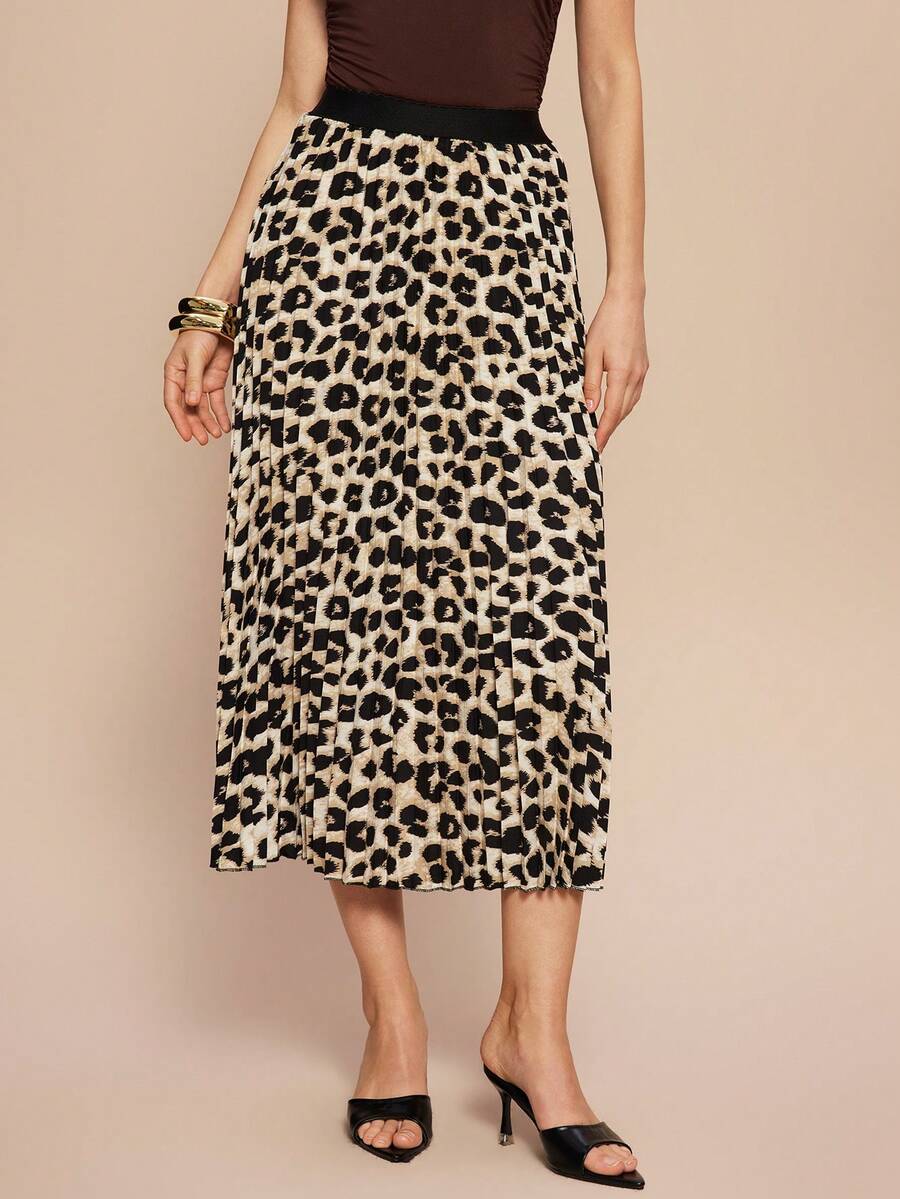 Franclia Leopard Print Pleated A-Line Casual Versatile Mini Skirt Maxi Women Outfit - Light Grey - View 1