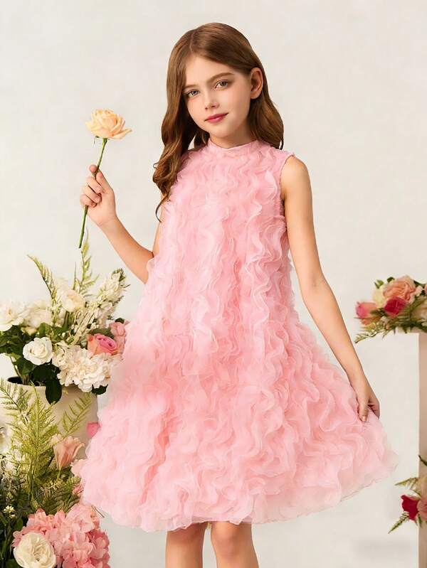 Girls' Solid Color Sleeveless Mandarin Collar Wavy Elegant Summer Dress Young Girl Sleeveless Party Dress Pink Pink Flowerance Dress For Teens Girl Hot Selling Summer Mini Satin Fabric Fold Girl Trailing Lace Tuta Dress Flower Kids Dresses For Girls Pink Young Girl Party Dress Pink Elegant Dress Girls
