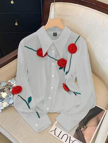 Lyxana Blusa casual da donna elegante, taglia standard, con stampa di rami verdi e fiori 3D per il giorno di San Valentino - Grigio - Visualizzare 4