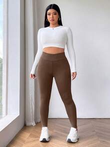 SHEIN EZwear 加大码加厚保暖黑色打底裤，冬季保暖 - 咖啡棕 - 查看 4