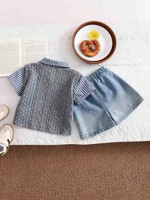 SHEIN 2件套男婴可爱二合一Polo衫和牛仔短裤套装，适合休闲外出、室内活动、生日派对、婚礼、婴儿派对和其他庆祝活动。 - 藍色 - 查看 2