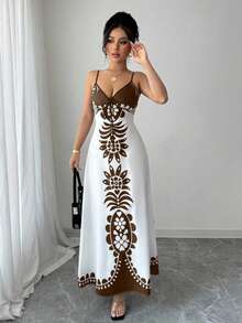 Rafferiza Printed V-Neck Sexy Loose Spaghetti Strap Dress - Brown - View 3