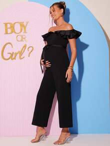 Loomaby Maternity Black And White Elegant Patchwork Ruffle Off Shoulder Wide Leg Jumpsuit,Summer Gender Reveal Baby Shower Dress,Spring Break Outfits Women - Black - View 6