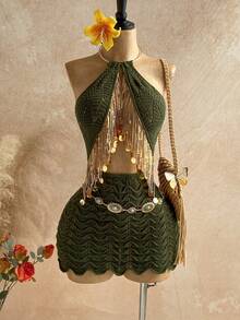 Soleia 女士度假沙滩亮片流苏装饰露背吊带迷你针织连衣裙 - 軍綠色 - 查看 4