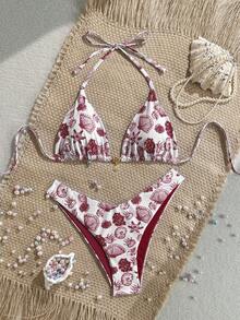 Swim Mod 2件套夏季度假随机印花金色贝壳装饰挂脖比基尼上衣和高衩泳裤性感泳装套装波西米亚风比基尼贝壳印花比基尼套装碎花比基尼樱桃泳衣女士波西米亚风泳装 - 彩色 - 查看 1