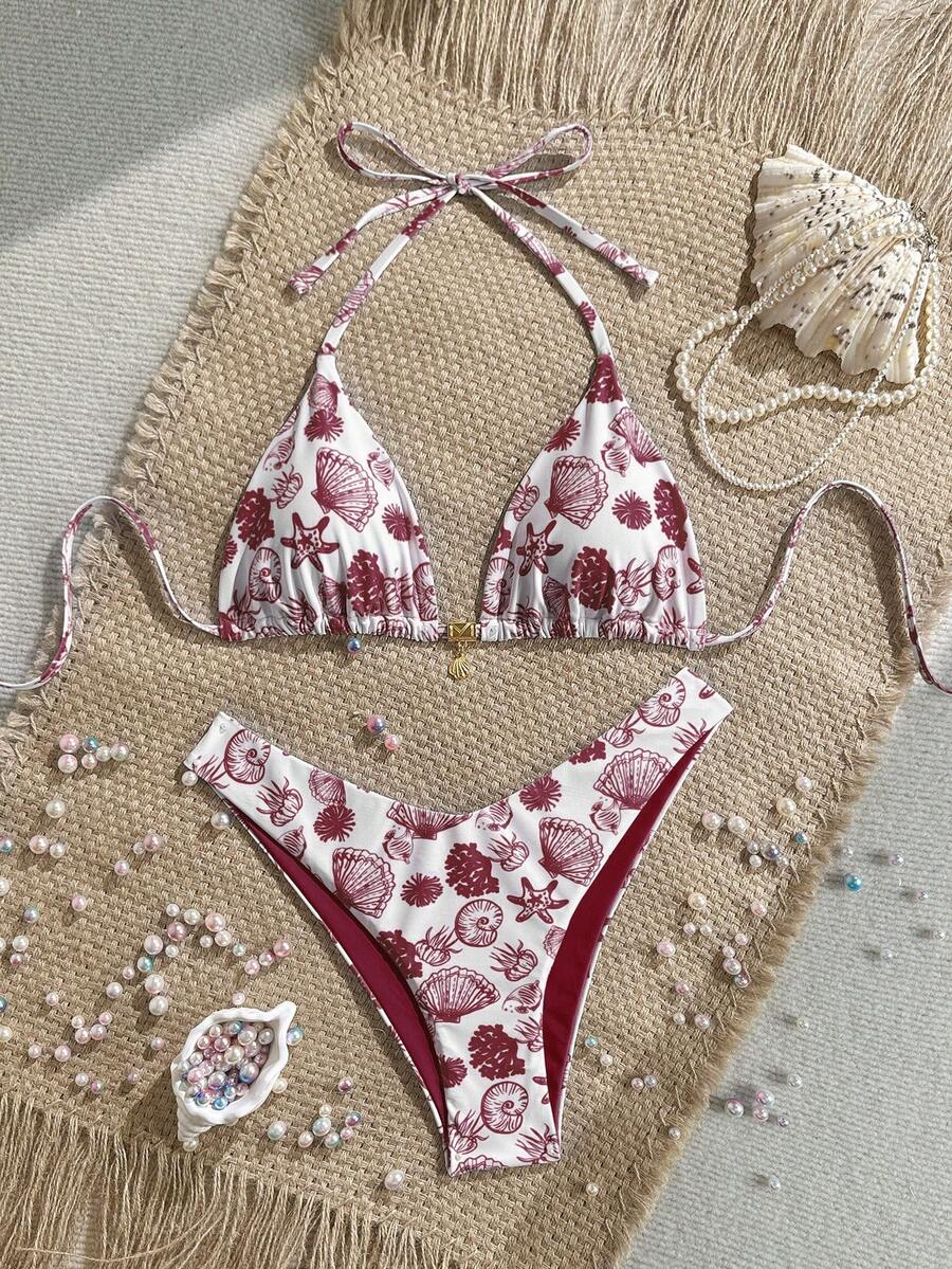 Swim Mod 2件套夏季度假随机印花金色贝壳装饰挂脖比基尼上衣和高衩泳裤性感泳装套装波西米亚风比基尼贝壳印花比基尼套装碎花比基尼樱桃泳衣女士波西米亚风泳装 - 彩色 - 查看 1