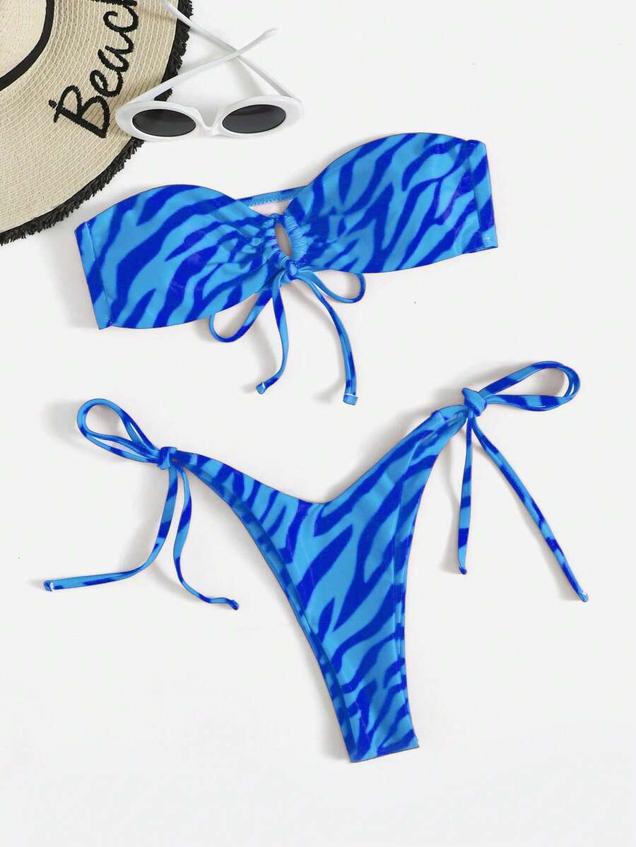 SHEIN Swim 女士夏季沙滩斑马纹系带抹胸性感比基尼套装，随机印花 - 藍色 - 查看 1