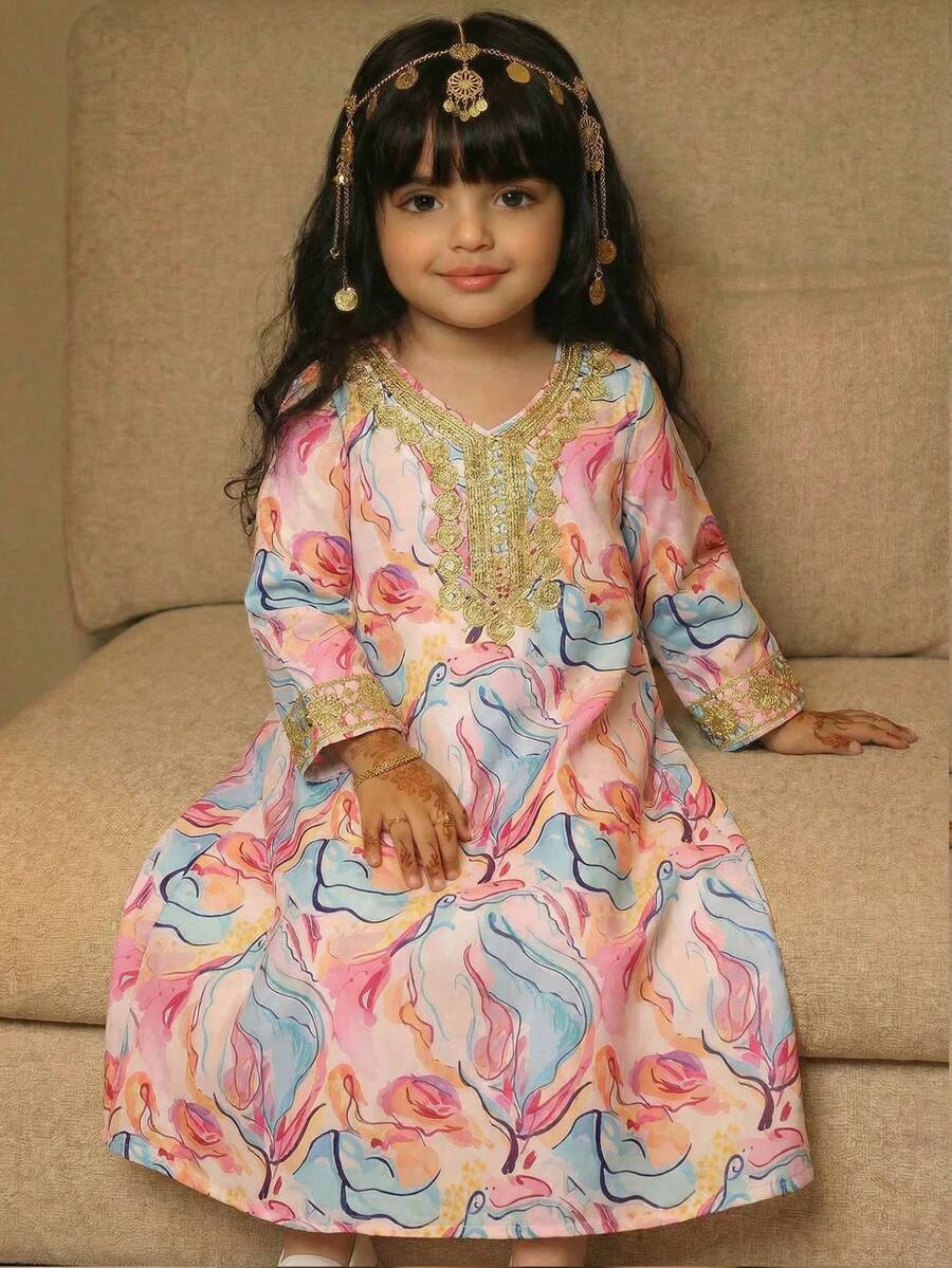 SHEIN 少女几何图案V领宽松休闲连衣裙 - 彩色 - 查看 1