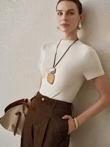 MOTF PREMIUM WOMEN'S FASHIONABLE VERSATILE FITTED RIBBED KNIT SLIM FIT THIN TEE FOR SPRING SUMMER - Apricot - View 5