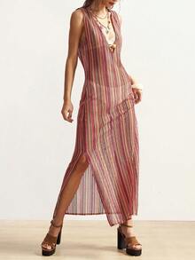 Bohemela 女士休闲针织条纹V领修身长连衣裙 - 彩色 - 查看 5