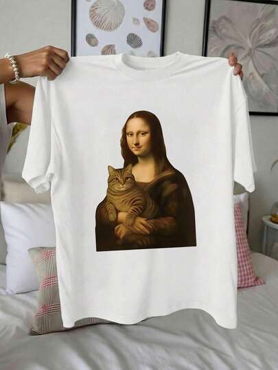Manfinity Roghcode Men's Funny Cat Print Round Neck Short Sleeve T-Shirt, Casual For Vacation, Dining, Dating, Simple And Versatile, Suitable For Yourself Or As A Gift For Friends