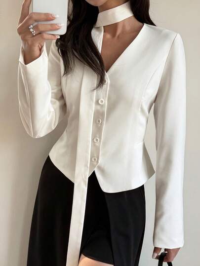 Livesso Spring & Summer Loose Business Casual Chic Office Wear Street Style Tie-Up Waist Design White Short Cardigan Blazer Elegant Commuter Jacket For Women