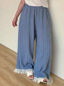 Dazy Plus Quần pajama ống dài suông rộng rãi, cạp chun, phối ren hoa, dễ thương. - Màu xanh lam - Xem 5