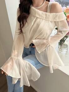 Feyla Women's Solid Color Mesh Patchwork Asymmetric Collar Elegant Long Sleeve Blouse - Apricot - View 4