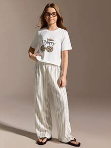 Tween Girl Leopard Print & Cherry Graphic Crew Neck Short Sleeve Casual T-Shirt Set, Summer - White - View 4