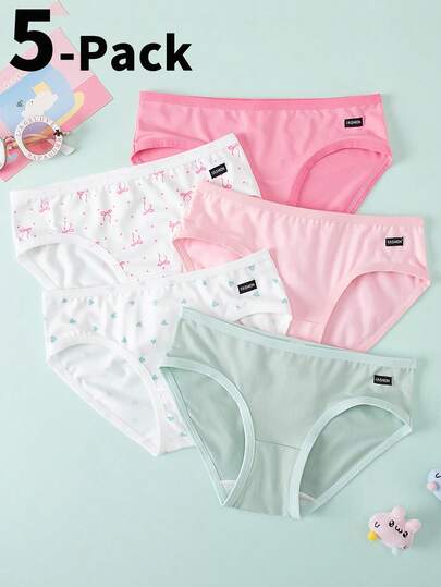 Set de 5 bragas de algodón cómodas con estampado de lunares, corazones y lazos para niñas adolescentes, ropa interior con diseños de dibujos animados
